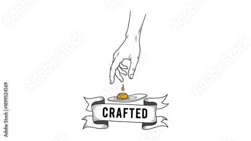 Hand reaching down to place an object over a decorative banner that reads crafted for handmade and artisan brand projects.