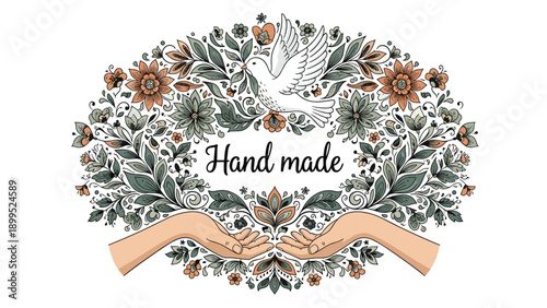 Artisan hand made label with two hands holding a decorative bouquet of flowers and a white dove representing peace and craft.