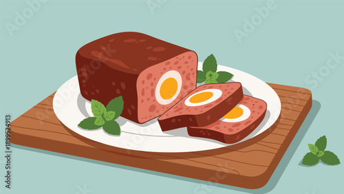 Delicious meatloaf with hard boiled eggs in the center served on a plate with fresh mint leaves in a stylized food illustration.