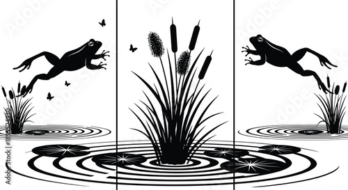 Frog pond silhouette illustration in black and white, amphibian jumping across water lilies with reeds and butterflies for nature art, wetland wildlife design, and decorative vector graphics