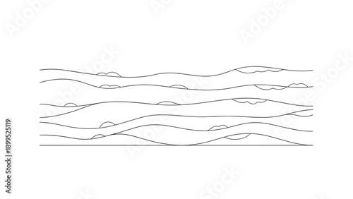 Simple abstract line drawing of layered wavy land hills and rolling plains for minimalist landscape and topographical concepts.