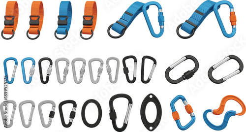 Carabiner clips and keychain straps collection illustration showing various metal snap hooks, climbing carabiners, and fastening accessories in flat style