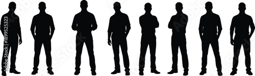 Male silhouette standing poses set in black and white, group of men figures isolated on white background for business concepts, teamwork themes, and modern graphic design use