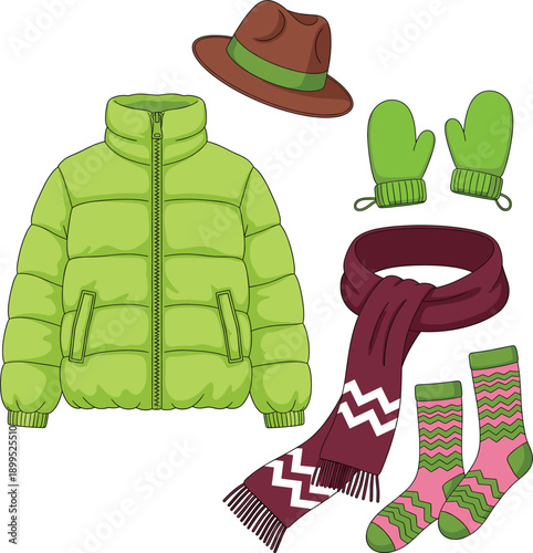 Flat vector winter apparel set featuring a lime green puffer jacket, brown fedora hat, patterned pink socks, purple zigzag scarf, and green mittens for cold weather fashion icons.