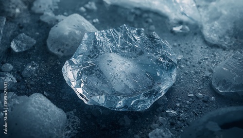 Ice Fragment on Dark Surface With Reflections and Texture During Daylight