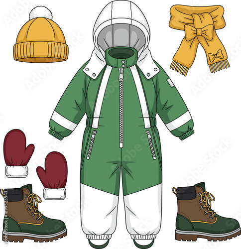 Green and white winter snowsuit vector set featuring matching yellow knit hat hooded scarf burgundy mittens and waterproof boots for cold weather.