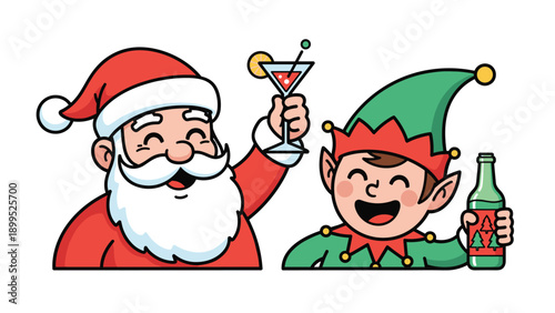 Cheerful cartoon illustration of Santa Claus and an elf raising a martini and a beer bottle in a toast on a white background.