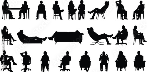 People sitting silhouette set in black and white, men and women seated poses collection illustrating waiting, office life, relaxation, meetings, and everyday human activities for graphic design use
