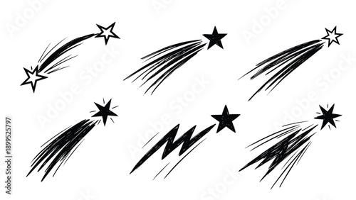 Collection of six hand drawn shooting stars and comets in a black ink sketch style isolated on a plain white background.