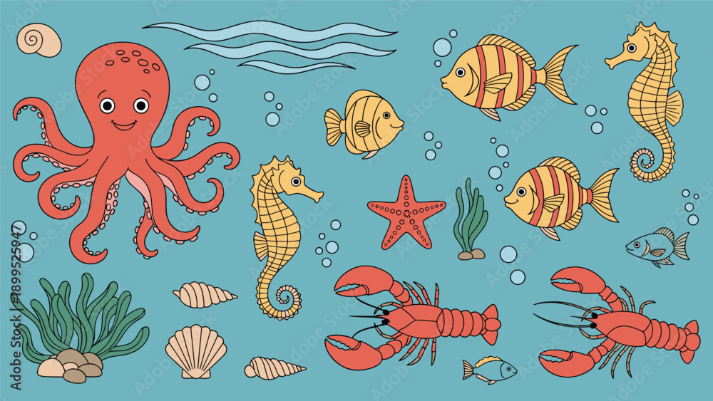 Naklejka premium Collection of colorful underwater sea creatures including octopus seahorses and lobsters on a light blue background for marine life design.
