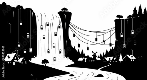 Whimsical village harnesses waterfall power with unique pulley system.