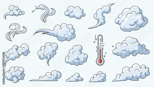 Comprehensive collection of various smoke puffs and cloud shapes including a red thermometer icon on a pale blue background for weather design.