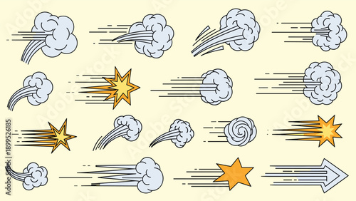 Extensive set of motion speed lines and comic style impact effects with stars and arrows on a pale yellow background for dynamic illustrations.