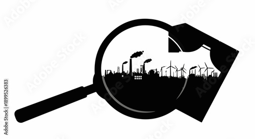 Magnifying glass revealing industrial landscape with windmills and smokestacks, representing environmental inspection.