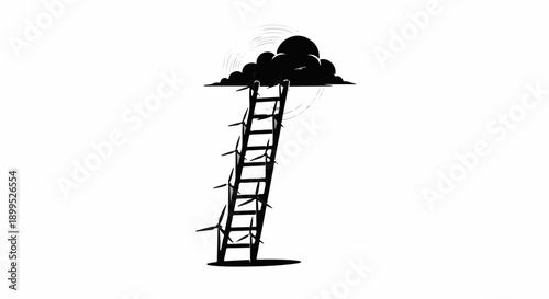 Ladder reaching towards a dark cloud, symbolizing hope and aspiration against challenges.
