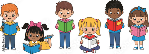 Diverse children reading books illustration kids learning literacy education concept isolated on white background