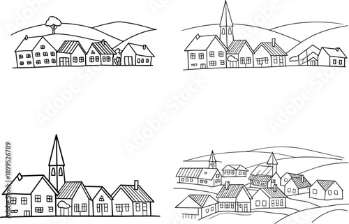 Hand drawn village landscape line art set with houses and church, rural town skyline outline illustration collection