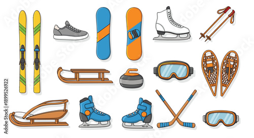 Assorted winter sports equipment and gear displayed together in a colorful arrangement Vector