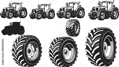 Tractor and agricultural tire silhouettes set, black and white vector illustrations showing farm machinery, heavy equipment wheels, rural farming tools for industrial design and branding use