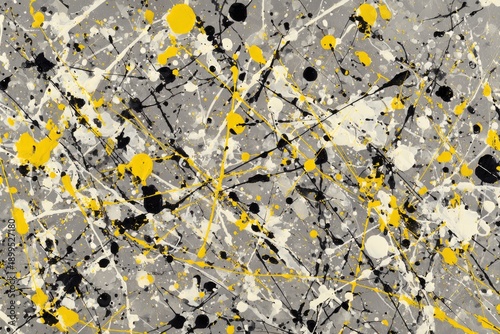 Abstract Drip Painting with Yellow, Black and White Splatters on Grey Background