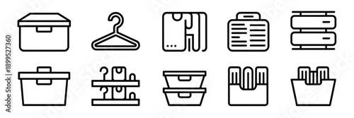 Black and white icons of storage bins and dividers - Perfect for home improvement stores, organization workshops, or cleaning checklists.