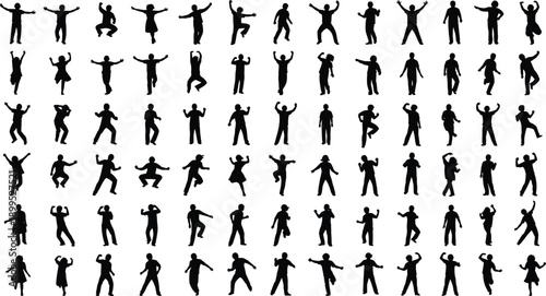 Happy people silhouette collection showing men women and kids celebrating jumping dancing poses isolated on white background vector