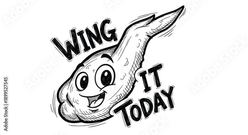 Smiling chicken wing with text wing it today for food and humor