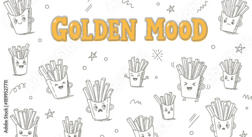 Colorful cartoon french fries with happy faces and stars on white background