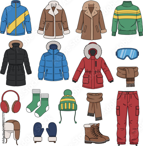 Extensive winter outerwear vector collection including puffer jackets, fur coats, ski goggles, warm socks, and heavy boots for extreme cold weather activities