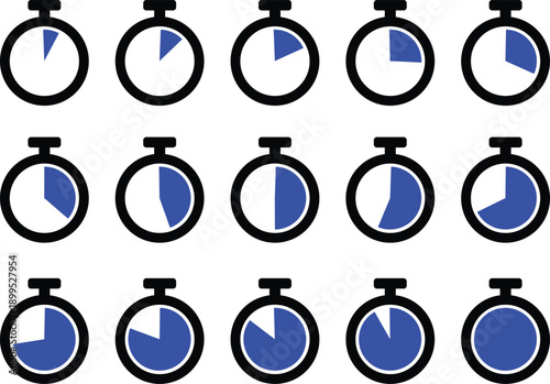 Stopwatch Timer Icon Set, Countdown Clock Symbols 0 to 60 Seconds or Minutes, Flat Design Time Measurement Vector Collection