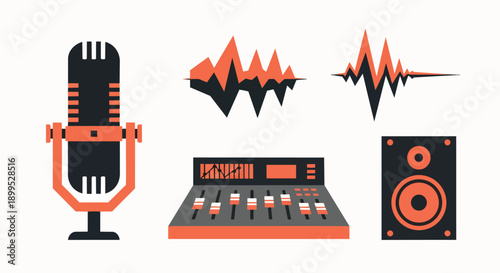 Modern flat design icons for music production sound engineering microphone audio speaker mixer waveform recording broadcast