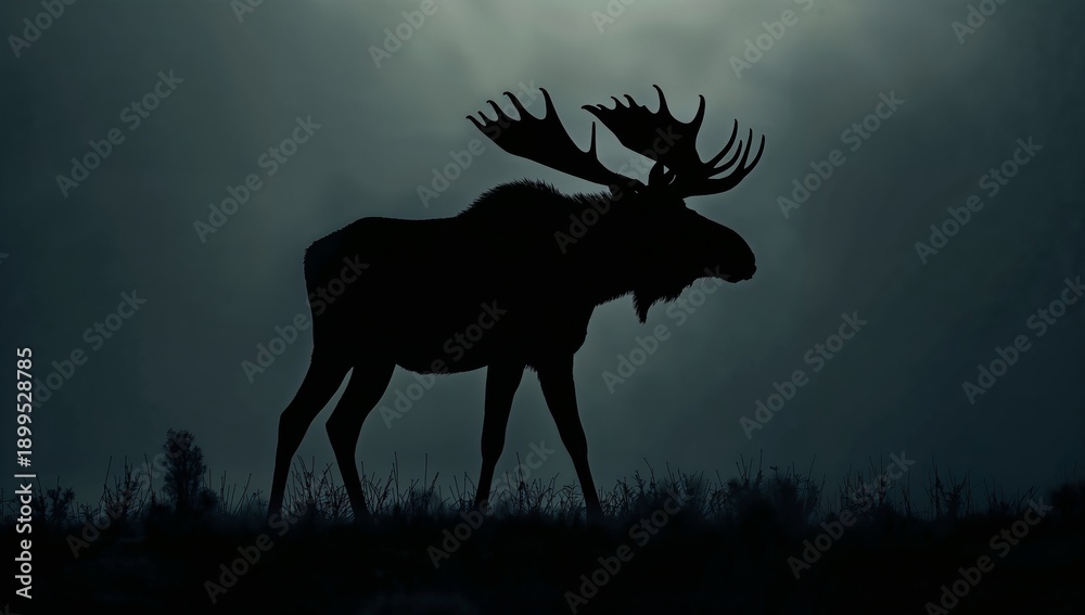Fototapeta premium Moose Walking Through a Foggy Landscape at Dusk in a Wooded Area