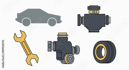 Collection of automotive repair tools parts and vehicle silhouette car service auto engine wrench tire maintenance workshop