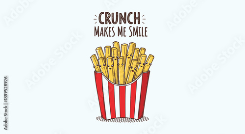 Colorful illustration of french fries in a red and white striped container with text