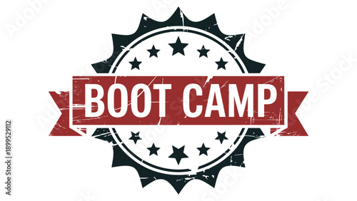  boot camp vintage badge emblem with ribbon and stars, military style logo design for training, fitness, discipline, motivation, challenge and strength concept