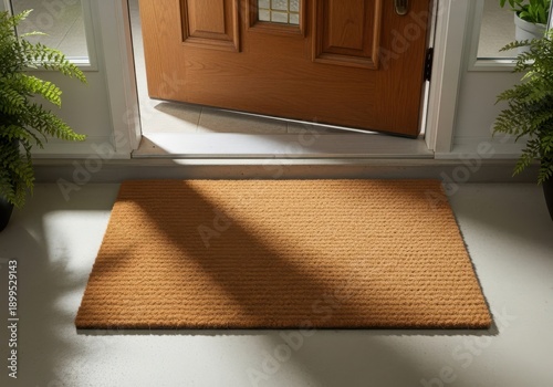 Warm welcome home a textured coir doormat sits invitingly on the floor in front of an open wooden door bathed in soft natural light casting gentle shadows creating a cozy