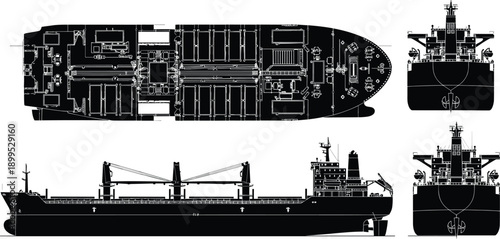 Technical drawing of cargo ship with multiple perspectives, top view layout, side profile and bow stern details, engineering vector artwork, maritime design illustration