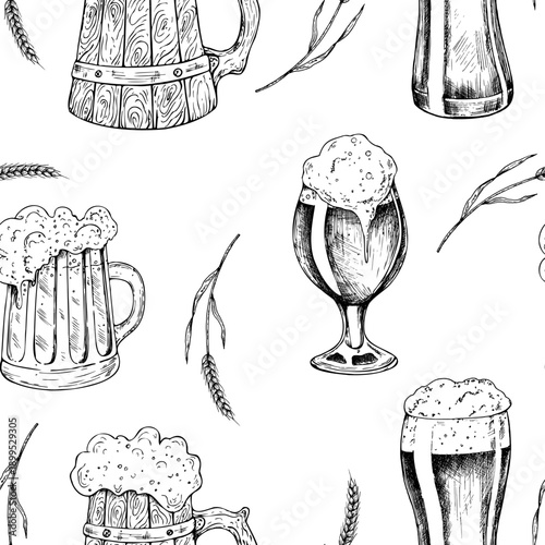 Vector seamless pattern with ear of wheat. Graphic German bottle of beer, bratwurst illustration isolated on background. Hand drawn line sketch. For designers, prints, postcards, wrapping paper, icon