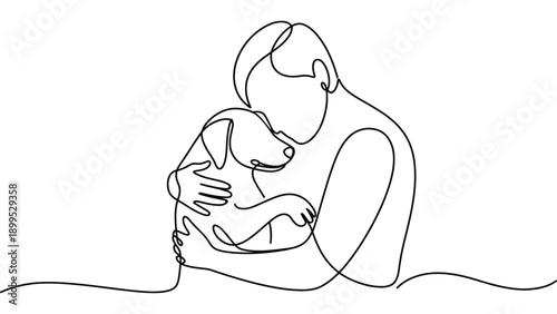  continuous one line mother hugging child illustration, minimal parent and baby line art expressing love, care, protection, motherhood and emotional bonding concept