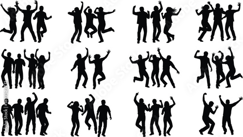 People dancing silhouettes, happy group celebration poses, men women jumping together, party energy, joyful movement illustration