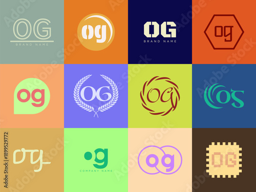 OG logo company template. Letter o and g logotype. Set different classic serif lettering and modern bold text with design elements. Initial font typography.