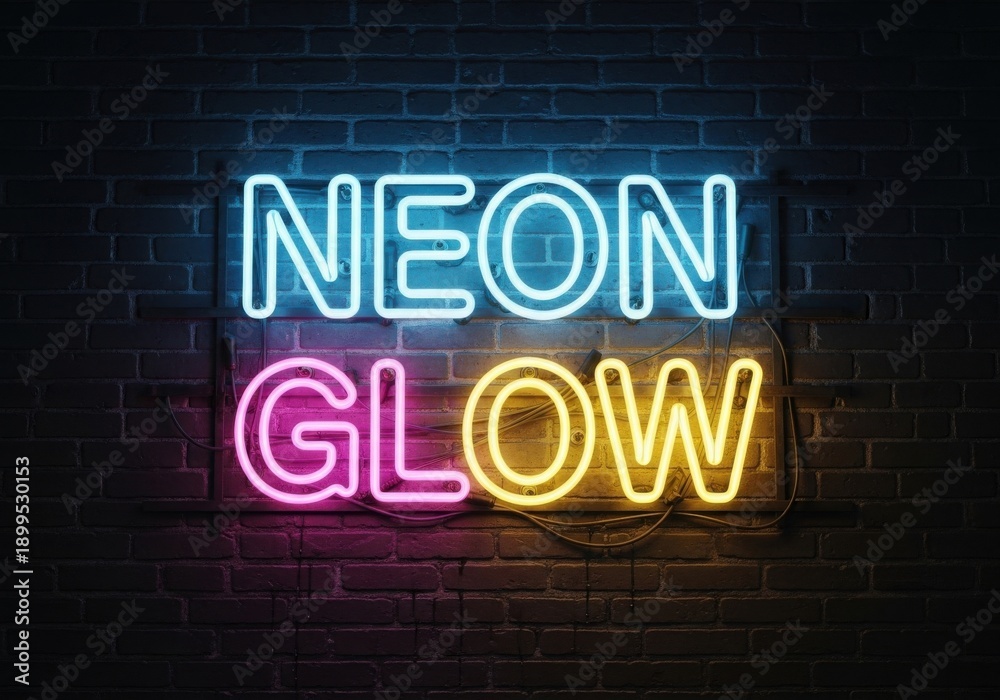 Obraz premium Vibrant neon sign with the words neon glow illuminated in bright blue pink and yellow against a dark textured brick wall creating a retro and energetic atmosphere for nightlife