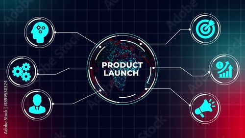 New Product Launch and Business Innovation Concept with Global Marketing Strategy and Successful Brand Introduction Icons