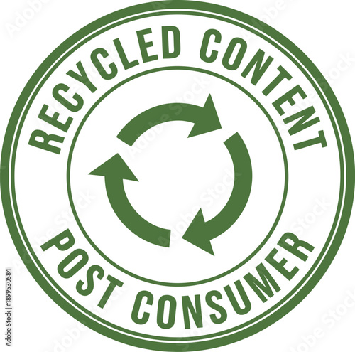 Green Recycled Content Post Consumer Stamp Icon for Eco-Friendly Packaging and Sustainability Labels