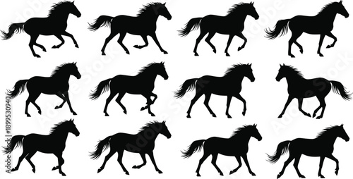 Running horse silhouettes collection showing galloping wild horses in motion isolated on white background animal nature illustration