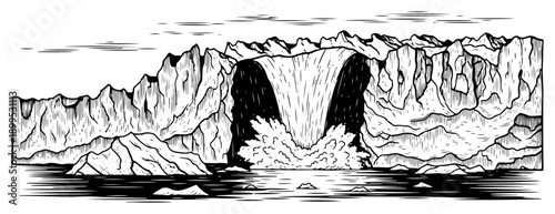Majestic waterfall landscape line art illustration with rocky cliffs and icebergs