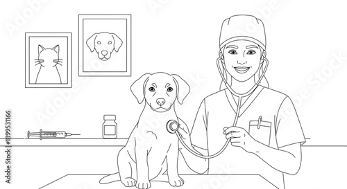 Smiling Female Veterinarian Examining Puppy with Stethoscope. Veterinary Medicine and Pet Health Care.