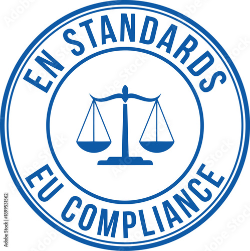 EN Standards EU Compliance Badge with Scales of Justice Icon for European Certification and Regulation
