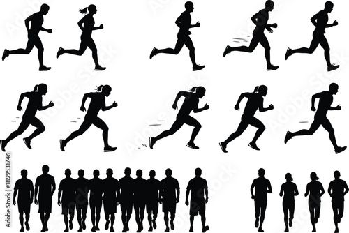 Running people silhouettes set, men and women jogging, sprinting and walking, fitness and sport activity illustration