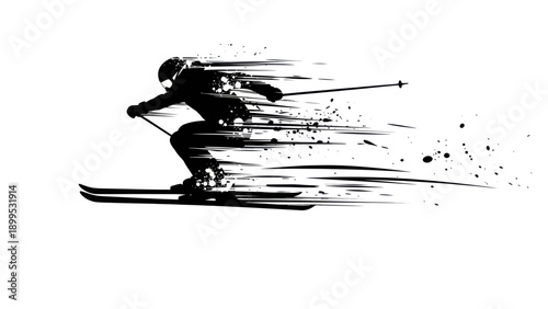 Dynamic Silhouette of a Skier in Motion with Splatter Effect.